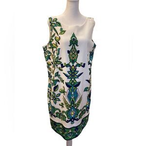 Kim Rogers Women's Sleeveless Sheath Dress Size 16‎ White Green Blue Print